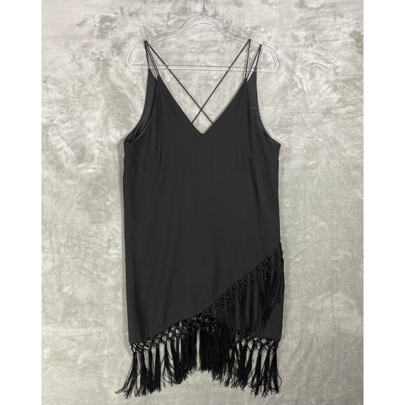 H&M V-Neck Cross Strap Wrap Skirt Fringe Evening Wear Party Dress Black Sz Large - Picture 2 of 9